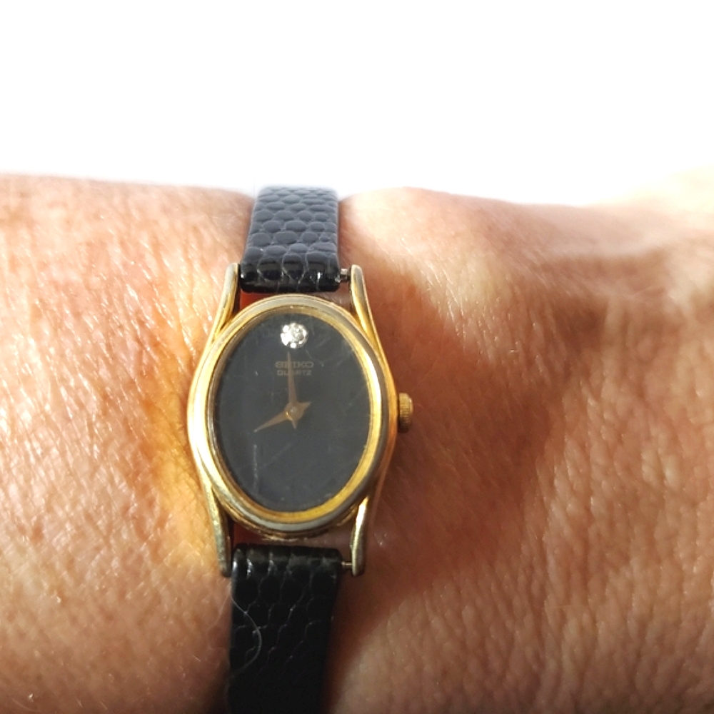 Seiko Gold and Black Watch Diamond Accent White Sapphire Crystal Leather Band